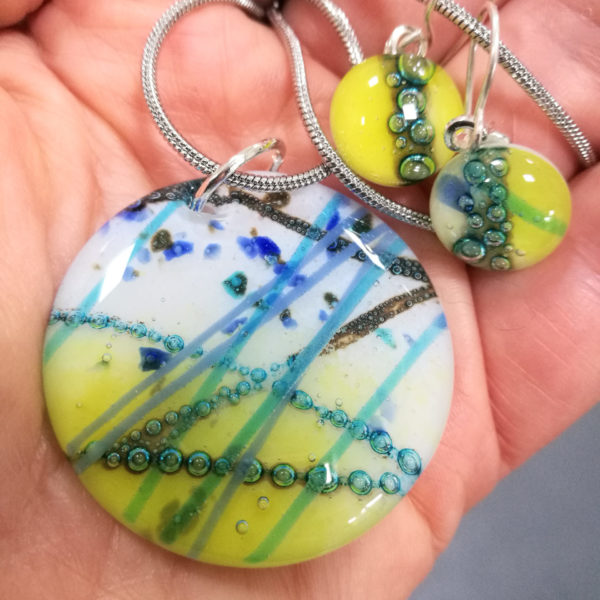 Criss-Cross - fused glass pendant and earrings