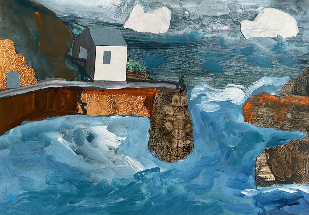 Nicola Schoenenberger, The Pilot House, Porthgain, mixed media, collage of paste papers, acrylic paint and neocolours, shortlisted for Wales Contemporary 2023