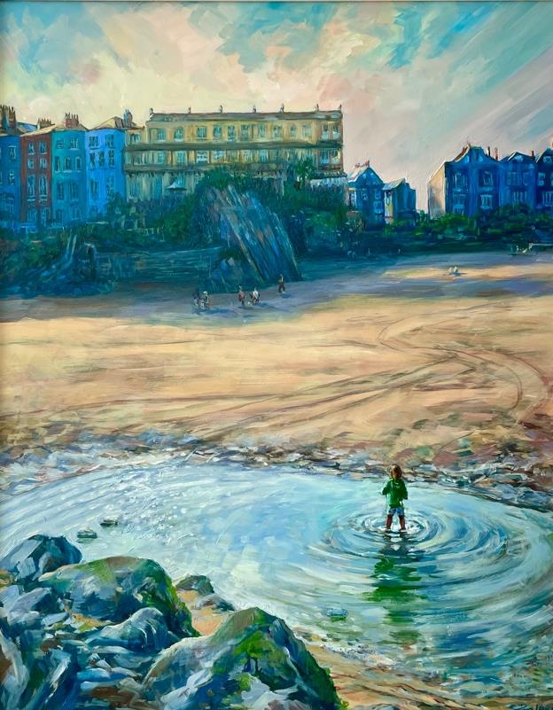 Tina Lewis, Last Paddle, Tenby, oil on gesso board, shortlisted for Wales Contemporary 2023